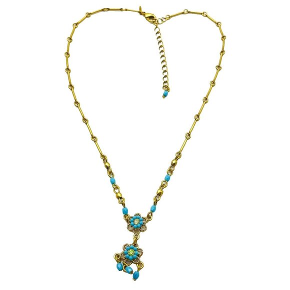 AVON Teal Beaded Flower Necklace Gold Tone Tube Link Petite Dainty Nature Floral - Picture 1 of 9